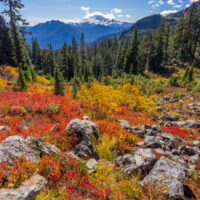 women's qigong, yellow aster butte trail in autumn with mt shuksan in distance